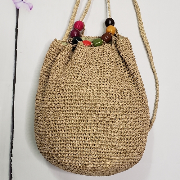 *SOLD* Jennifer Moore Woven Straw Bead Bucket Bag - Picture 8 of 8